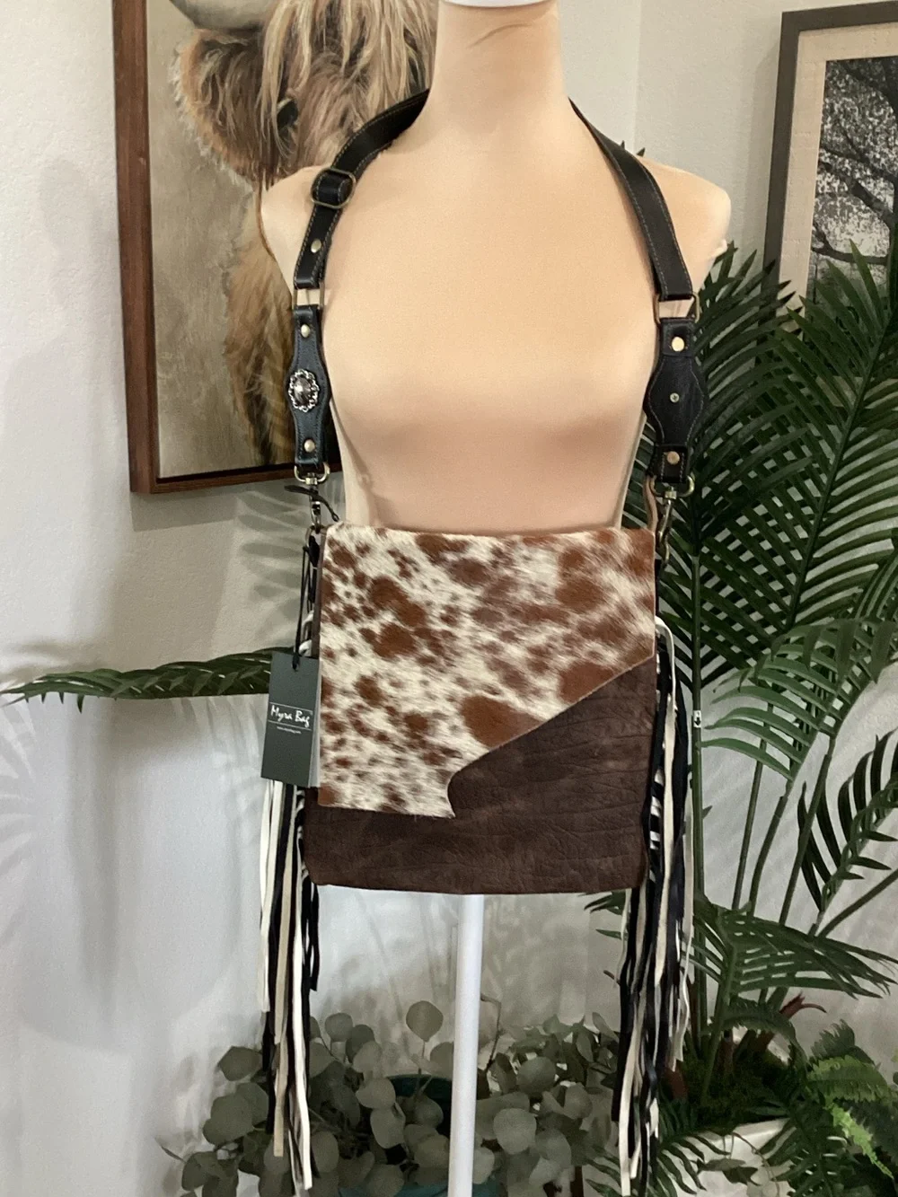 Myra Bag Brown and White Cowhide Fringe Crossbody